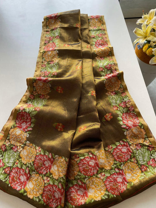 Demanding Mehndi Embroidery Work Tussar Silk Saree With Desiring Blouse Piece