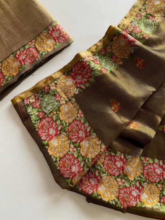 Demanding Mehndi Embroidery Work Tussar Silk Saree With Desiring Blouse Piece