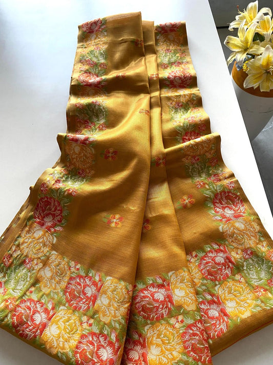 Engrossing Mustard Embroidery Work Tussar Silk Saree With Prominent Blouse Piece