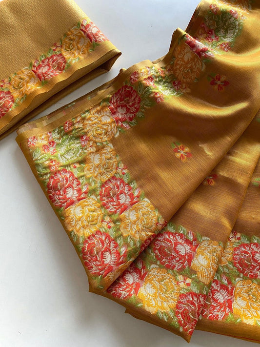 Engrossing Mustard Embroidery Work Tussar Silk Saree With Prominent Blouse Piece