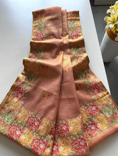 Delightful Pink Embroidery Work Tussar Silk Saree With Twirling Blouse Piece