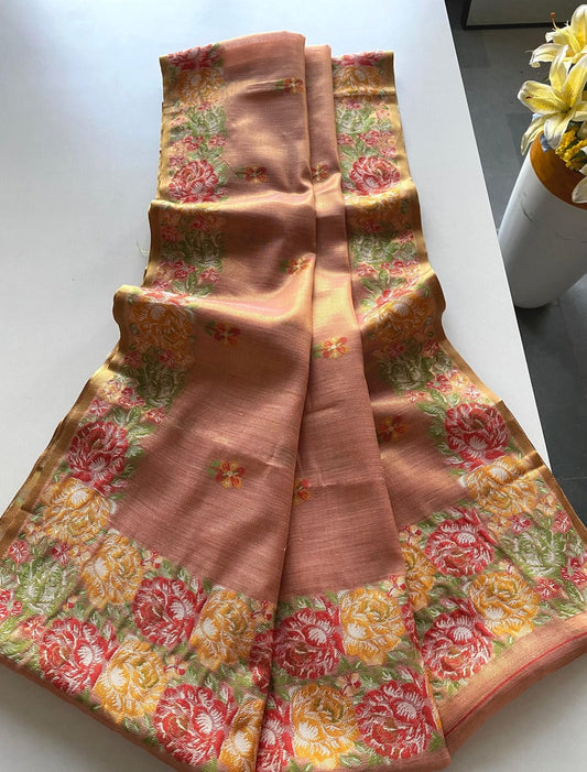 Delightful Pink Embroidery Work Tussar Silk Saree With Twirling Blouse Piece