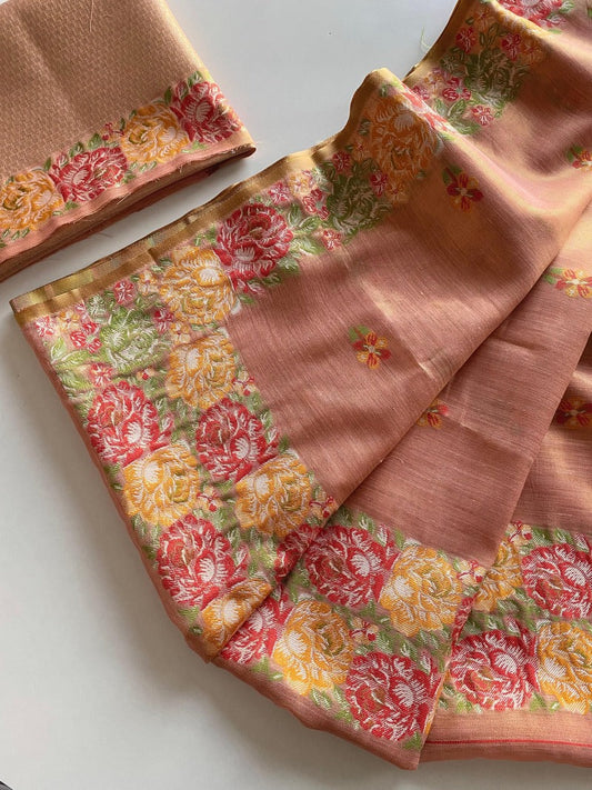 Delightful Pink Embroidery Work Tussar Silk Saree With Twirling Blouse Piece