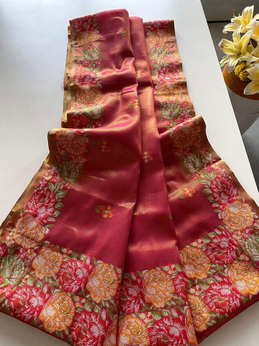 Dissemble Red Embroidery Work Tussar Silk Saree With Lissome Blouse Piece