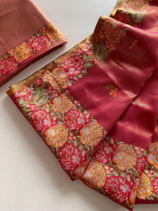 Dissemble Red Embroidery Work Tussar Silk Saree With Lissome Blouse Piece
