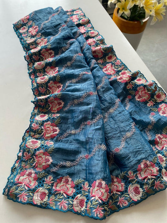 Dalliance Blue Embroidery Work Crush Silk Saree With Classic Blouse Piece