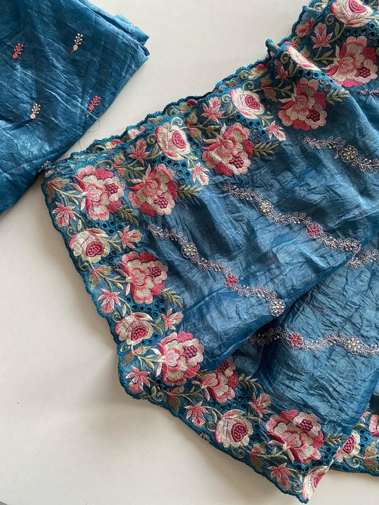 Dalliance Blue Embroidery Work Crush Silk Saree With Classic Blouse Piece