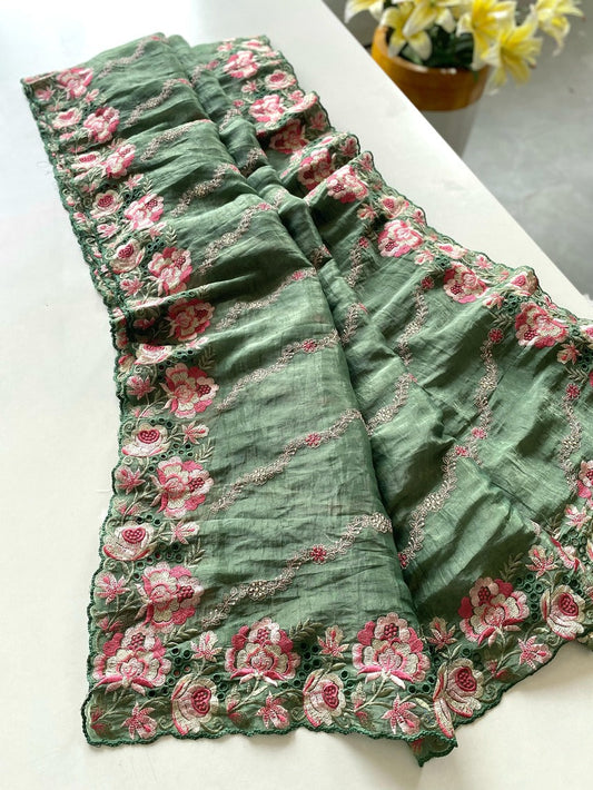 Demesne Green Embroidery Work Crush Silk Saree With Ephemeral Blouse Piece