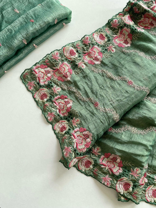 Demesne Green Embroidery Work Crush Silk Saree With Ephemeral Blouse Piece