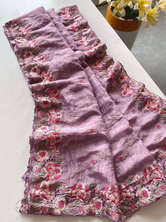 Murmurous Lavender Embroidery Work Crush Silk Saree With Ratatouille Blouse Piece