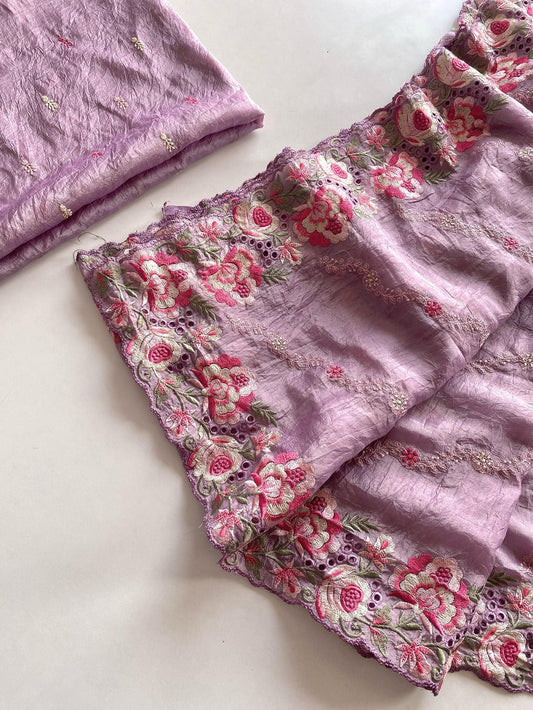 Murmurous Lavender Embroidery Work Crush Silk Saree With Ratatouille Blouse Piece