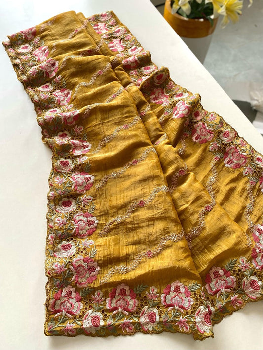 Smashing Mustard Embroidery Work Crush Silk Saree With Snappy Blouse Piece
