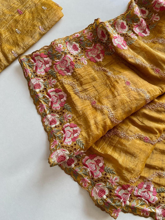 Smashing Mustard Embroidery Work Crush Silk Saree With Snappy Blouse Piece