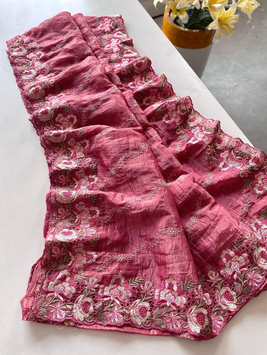 Verdant Pink Embroidery Work Crush Silk Saree With Ethereal Blouse Piece