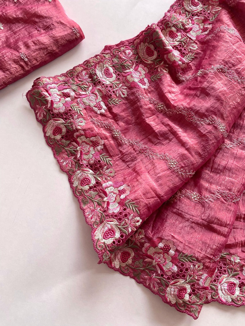 Verdant Pink Embroidery Work Crush Silk Saree With Ethereal Blouse Piece