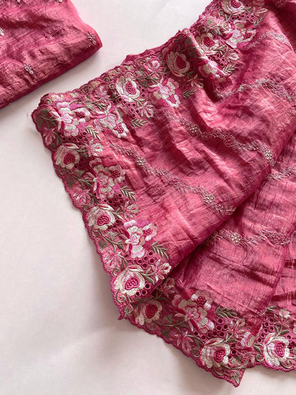 Verdant Pink Embroidery Work Crush Silk Saree With Ethereal Blouse Piece