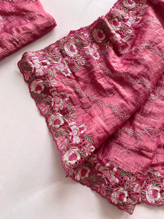 Verdant Pink Embroidery Work Crush Silk Saree With Ethereal Blouse Piece