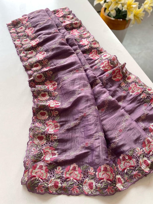 Quixotic Purple Embroidery Work Crush Silk Saree With Majestic Blouse Piece