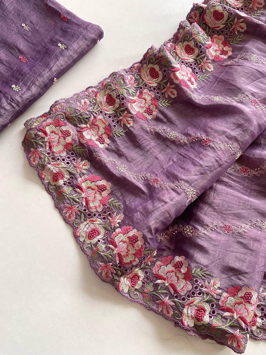 Quixotic Purple Embroidery Work Crush Silk Saree With Majestic Blouse Piece