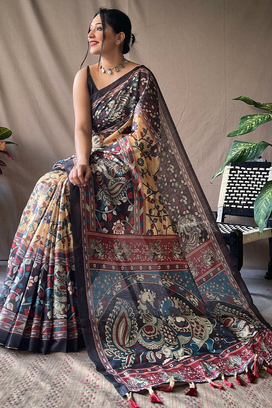 Epiphany Mustard Kalamkari Printed Saree With Brood Blouse Piece