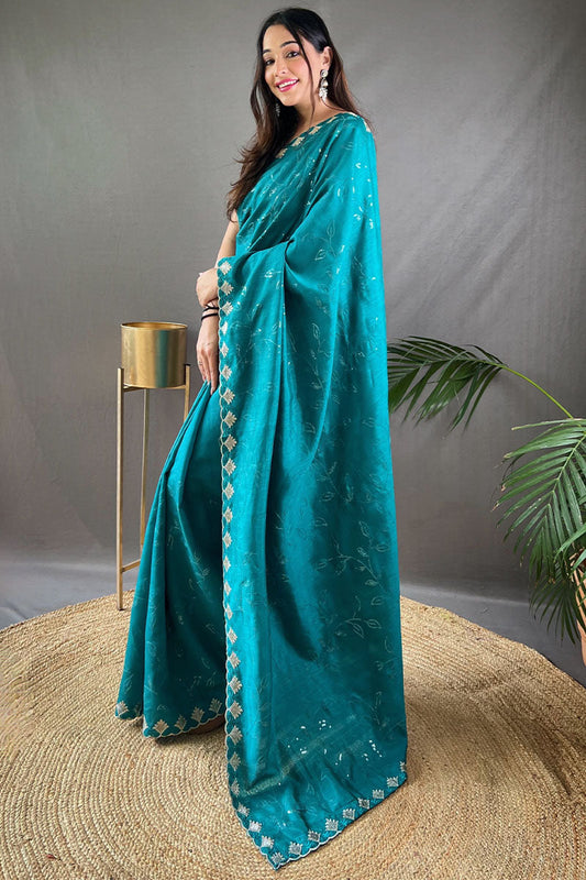 Groovy Firozi Embroidery Work Soft Silk Saree With Stunner Blouse Piece
