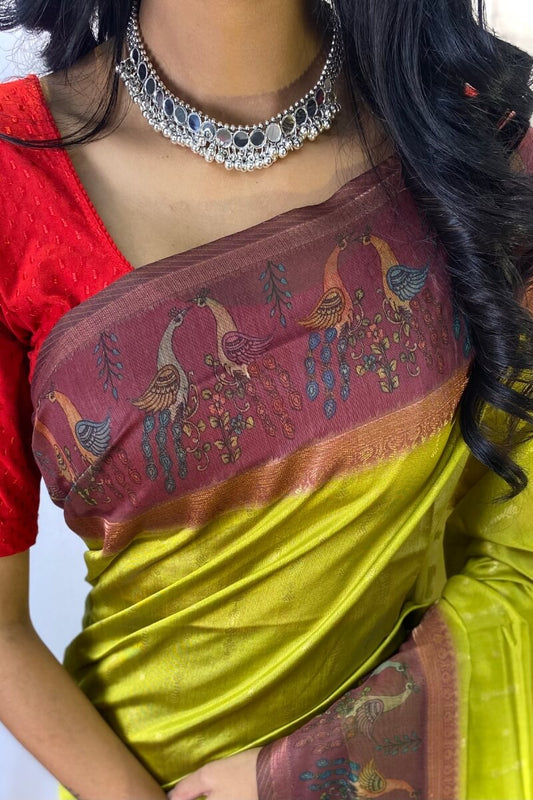 Energetic Mehndi Printed Soft Chanderi Silk Saree With Classy Blouse Piece