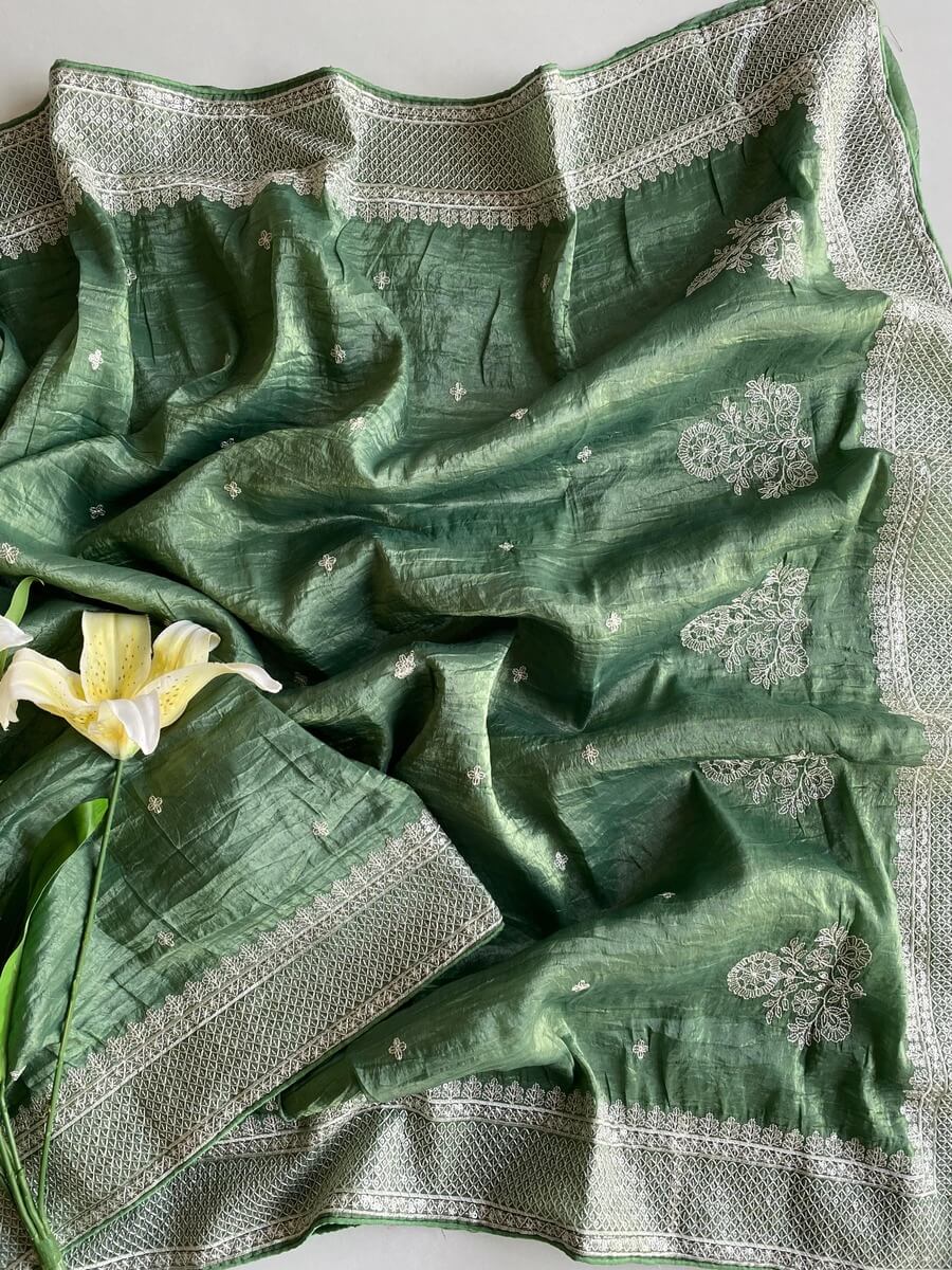 Impressive Green Embroidery Work Crush Silk Saree With Ravishing Blouse Piece