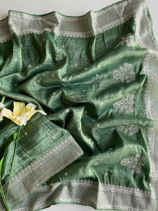 Impressive Green Embroidery Work Crush Silk Saree With Ravishing Blouse Piece