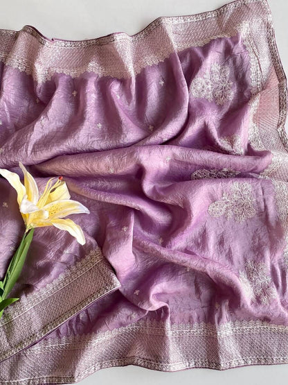 Prettiest Lavender Embroidery Work Crush Silk Saree With Angelic Blouse Piece