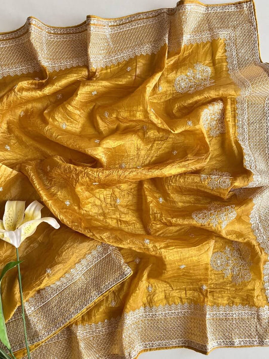 Brood Mustard Embroidery Work Crush Silk Saree With Demure Blouse Piece