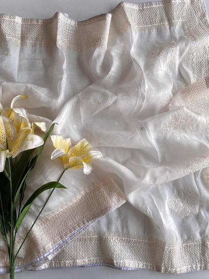 Ephemeral Off White Embroidery Work Crush Silk Saree With Lissome Blouse Piece
