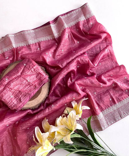 Sumptuous Pink Embroidery Work Crush Silk Saree With Pleasurable Blouse Piece