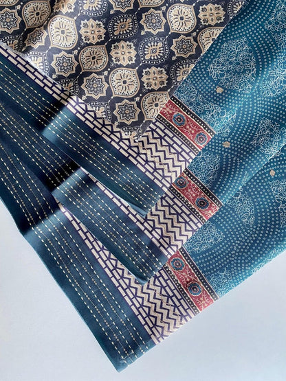Whimsical Rama Digital Printed Soft Silk Saree With Aplomb Blouse Piece