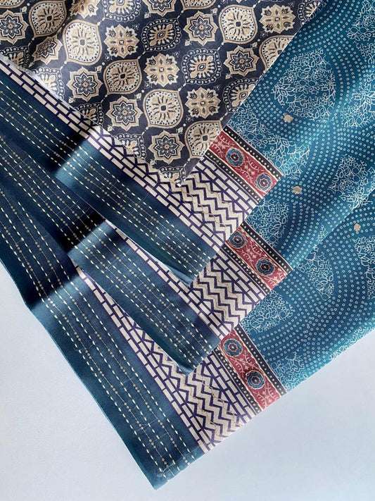 Whimsical Rama Digital Printed Soft Silk Saree With Aplomb Blouse Piece