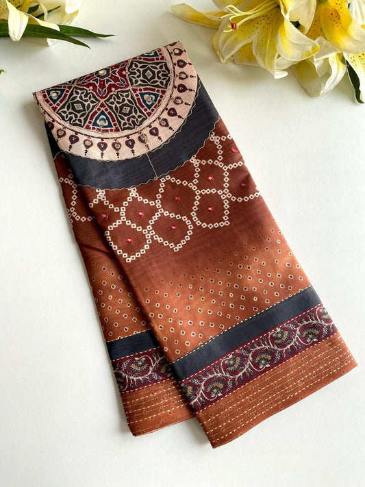 Energetic Brown Embroidery Work Soft Silk Saree With Phenomenal Blouse Piece
