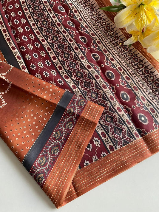 Energetic Brown Embroidery Work Soft Silk Saree With Phenomenal Blouse Piece