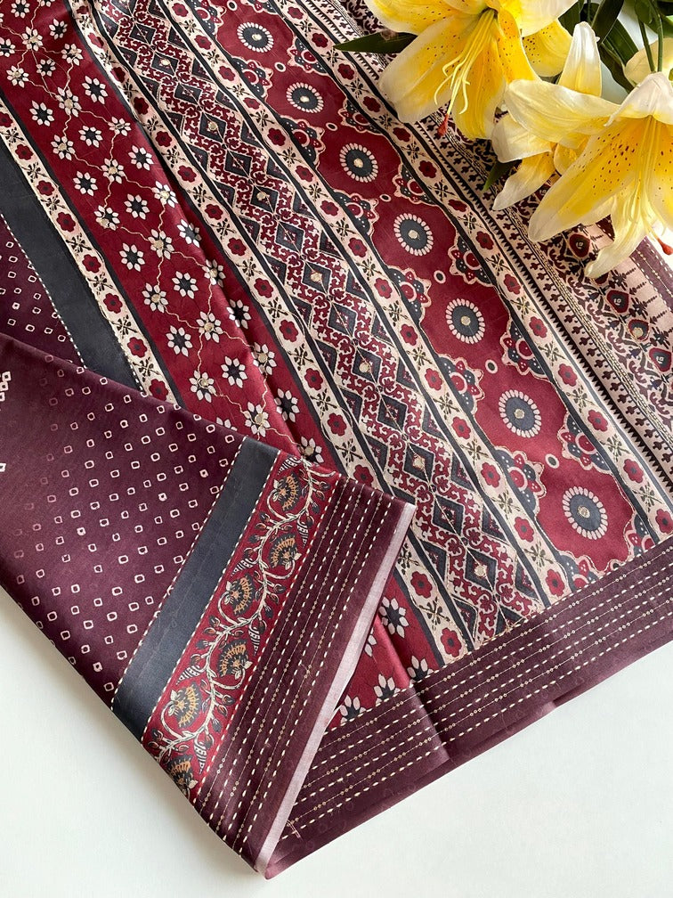 Fugacious Wine Embroidery Work Soft Silk Saree With Petrichor Blouse Piece