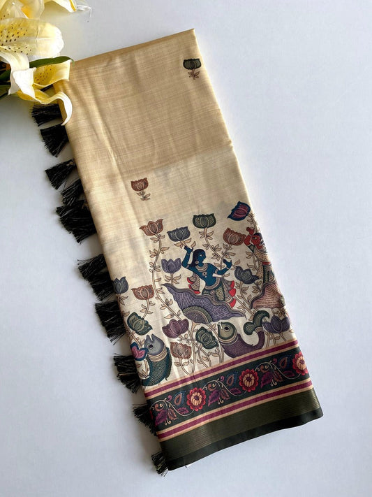Ephemeral Beige Kalamkari Printed Viscose Dola Silk Saree With Beleaguer Blouse Piece