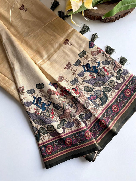 Ephemeral Beige Kalamkari Printed Viscose Dola Silk Saree With Beleaguer Blouse Piece