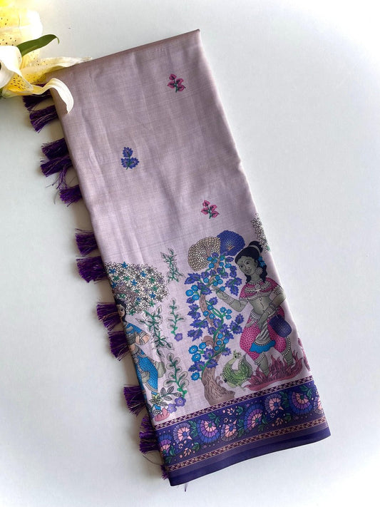 Stunner Lavender Kalamkari Printed Viscose Dola Silk Saree With Majesty Blouse Piece