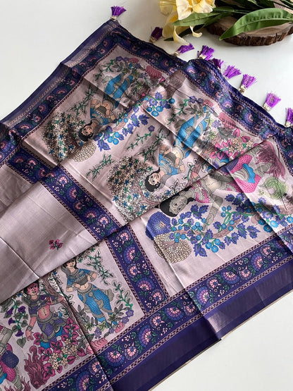 Stunner Lavender Kalamkari Printed Viscose Dola Silk Saree With Majesty Blouse Piece