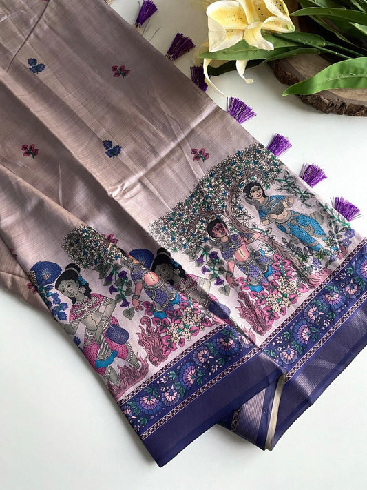 Stunner Lavender Kalamkari Printed Viscose Dola Silk Saree With Majesty Blouse Piece