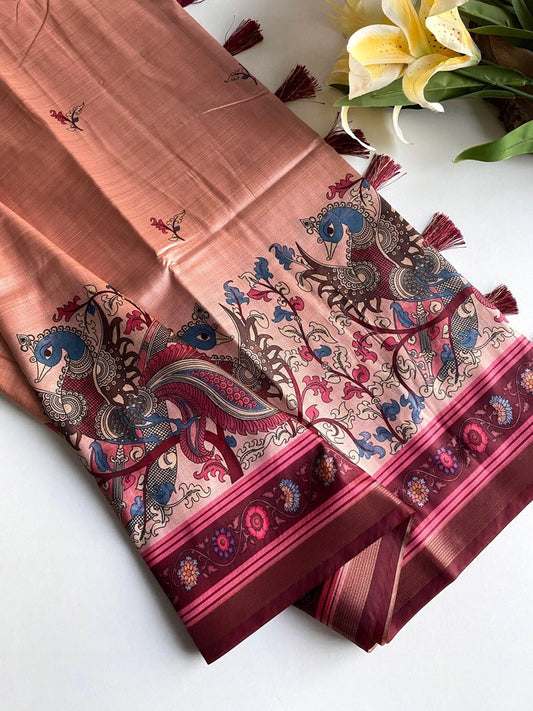 Jazzy Peach Kalamkari Printed Viscose Dola Silk Saree With Unique Blouse Piece
