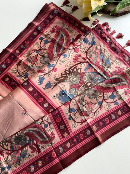 Jazzy Peach Kalamkari Printed Viscose Dola Silk Saree With Unique Blouse Piece