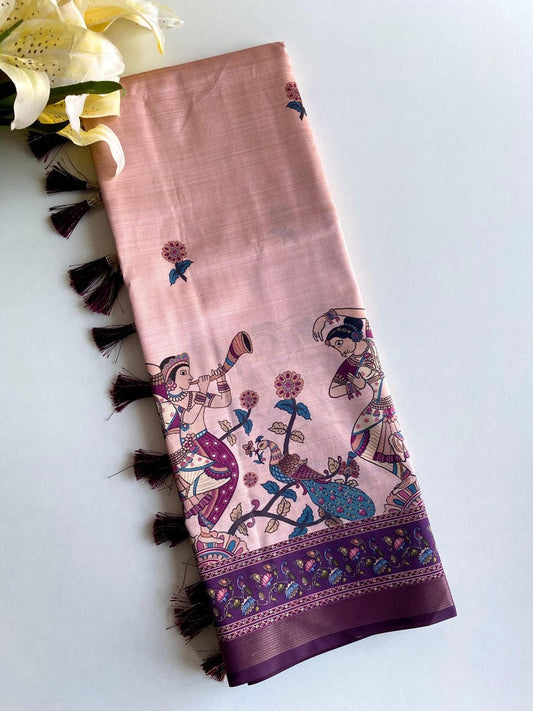 Sizzling Pink Kalamkari Printed Viscose Dola Silk Saree With Pretty Blouse Piece