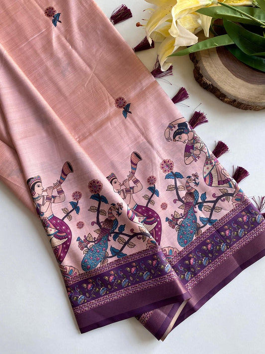 Sizzling Pink Kalamkari Printed Viscose Dola Silk Saree With Pretty Blouse Piece