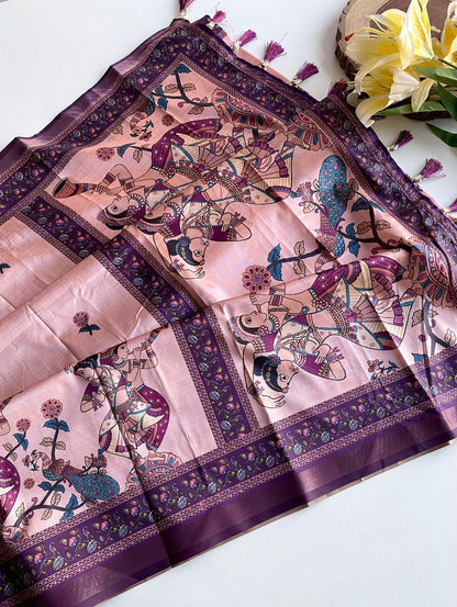 Sizzling Pink Kalamkari Printed Viscose Dola Silk Saree With Pretty Blouse Piece