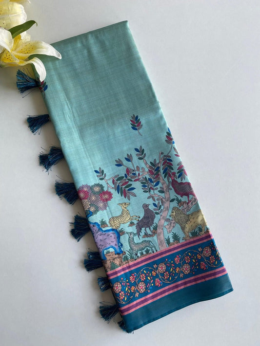 Energetic Sea Green Kalamkari Printed Viscose Dola Silk Saree With Capricious Blouse Piece