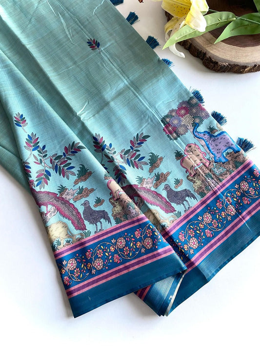 Energetic Sea Green Kalamkari Printed Viscose Dola Silk Saree With Capricious Blouse Piece
