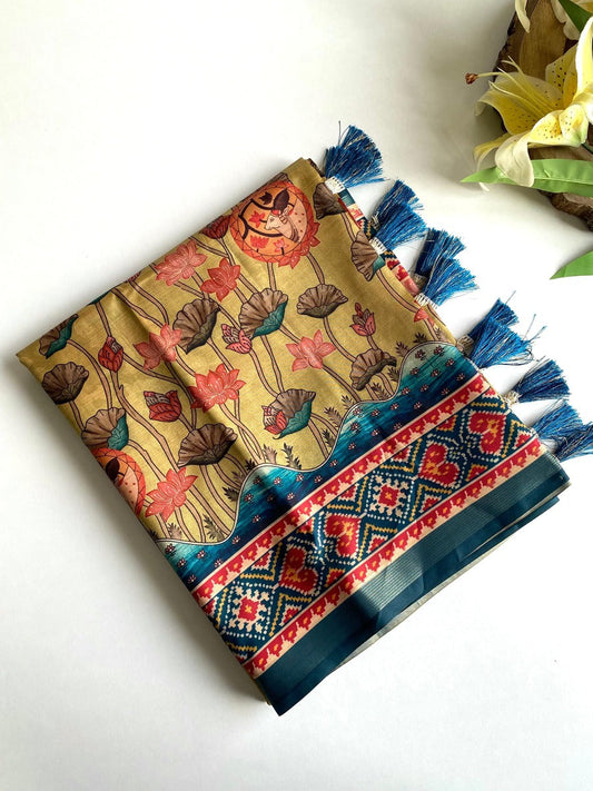 Scintilla Beige Kalamkari Printed Viscose Dola Silk Saree With Gossamer Blouse Piece